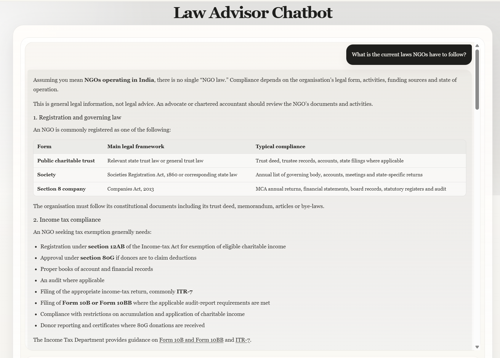 Law Advisor Chatbot example 1